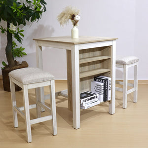 English Elm 3 Piece Counter Height Dining Set with Shelving Cushioned Stools Modern Farmhouse Kitchen Ameican White Oak,Ancient White W2537P369837