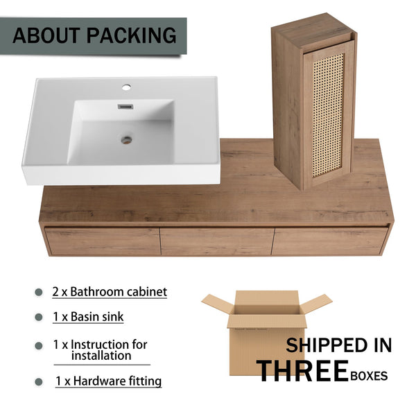 English Elm 60 Inch Wall-Mounted Bathroom Vanity Set With Resin Sink, Soft-Close Drawers & Side Cabinet Storage W999S00357
