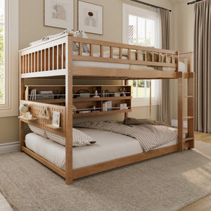 English Elm Full Over Bunk Bed with Led Lighting Pegboard Shelving and Pine Wood Frame Brown LT000278AAP