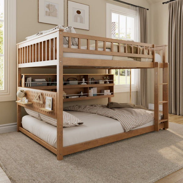 English Elm Full Over Bunk Bed with Led Lighting Pegboard Shelving and Pine Wood Frame Brown LT000278AAP