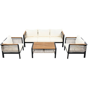 English Elm 4 Pieces Outdoor Sectional Sofa Set with Water-Resistant Cushions, Woven Rope Detail & Acacia Table Beige N719Z000130A