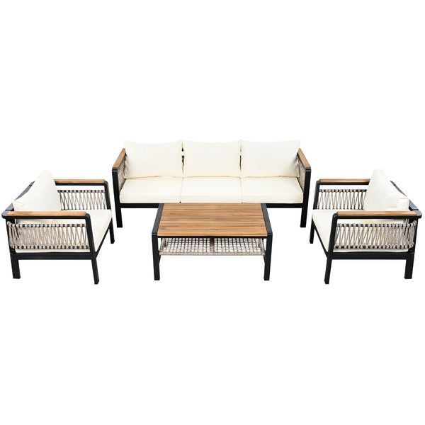 English Elm 4 Pieces Outdoor Sectional Sofa Set with Water-Resistant Cushions, Woven Rope Detail & Acacia Table Beige N719Z000130A