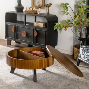 English Elm 31.5" Round Mid-century Coffee Table with Lower Shelf Solid Wood Legs and Mdf Top Natural W757P370290
