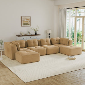 English Elm Modern Corduroy U-shaped Sectional with Deep Seating Two Ottomans Tufted Detail Camel W714S01788