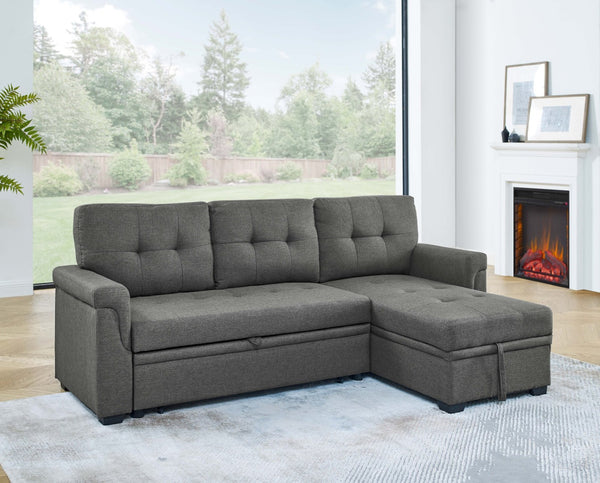 English Elm 86'' Linen Sectional Sleeper Sofa with Tufted Upholstery and Reversible Chaise Living Room B355S00010