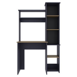 English Elm Computer Desk Kronos Blue & Natural Oak with Hutch and Side Bookshelf, 64" Modern Home Office Storage, Scratch-Resistant Shelves B128P387092