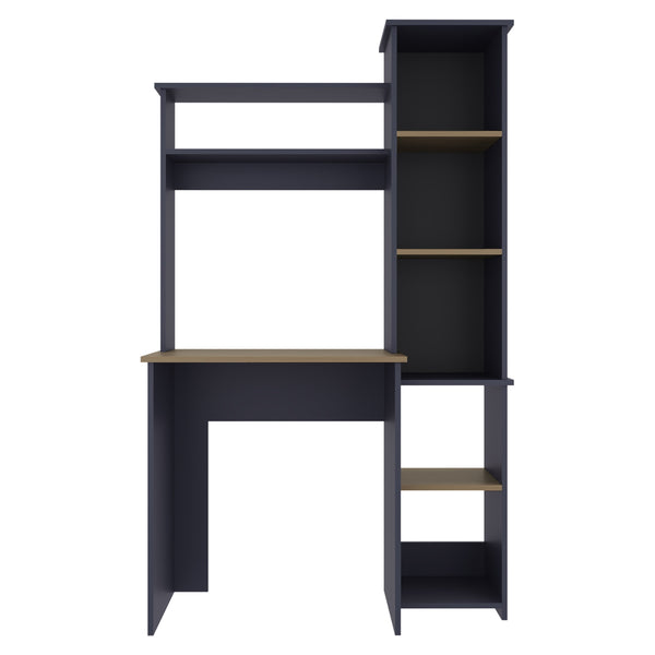 English Elm Computer Desk Kronos Blue & Natural Oak with Hutch and Side Bookshelf, 64" Modern Home Office Storage, Scratch-Resistant Shelves B128P387092