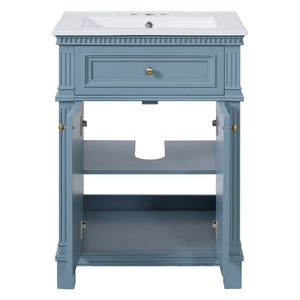 English Elm 24'' Carved Farmhouse Bathroom Vanity with Ceramic Sink Soft Close Storage Cabinet Indigo Blue N710P446530M