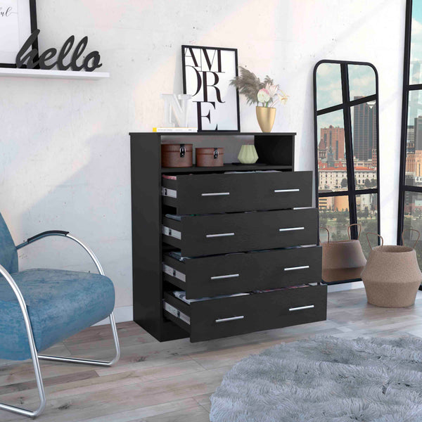 English Elm Four Drawer Dresser with Superior Top and Open Shelf, Engineered Wood, Metal Hardware, Modern Storage Black 46 L x 21 W x 4 H B097S00113