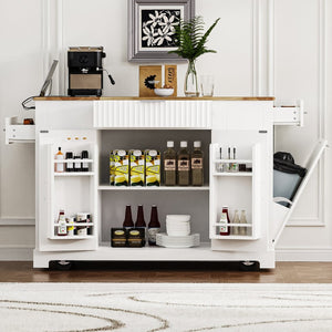 English Elm K&k Rolling Kitchen Island Rubber Wood Top Fluted Cabinet Built-in Charging Station White N707S221571W
