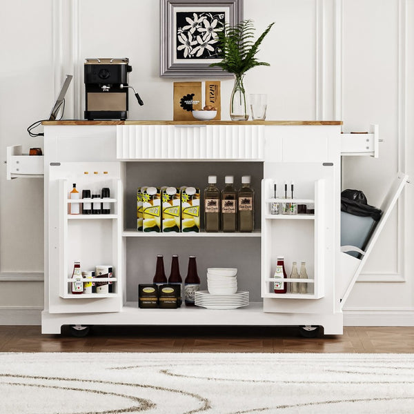 English Elm K&k Rolling Kitchen Island Rubber Wood Top Fluted Cabinet Built-in Charging Station White N707S221571W
