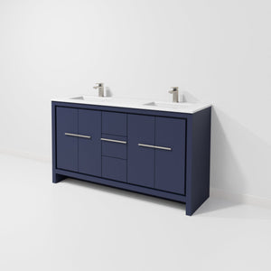 English Elm Navy Double Bath Vanity 60" W With White Quartz Top, Gun Metal Faucet & Ample Storage Solutions B2731P259441