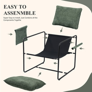 English Elm Accent Chair Mid-Century Rattan Arms Set of 2 with Rubber Wood Legs, Plush Fabric Seat, Cozy Lounge Green T3950P399125