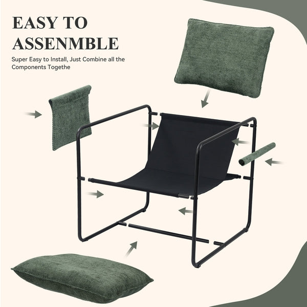 English Elm Accent Chair Mid-Century Rattan Arms Set of 2 with Rubber Wood Legs, Plush Fabric Seat, Cozy Lounge Green T3950P399125