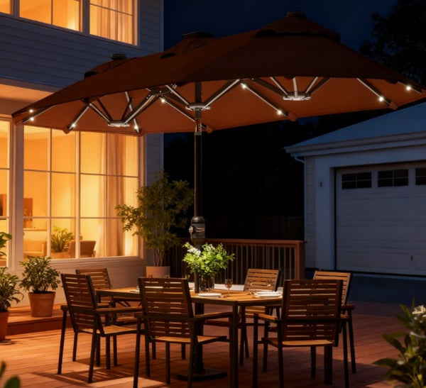 English Elm Spacious Solar Led Patio Umbrella with Double Canopy Vents and Push Tilt T3971P427156