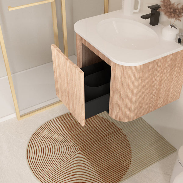 English Elm Arcora 24 Inch Curved Wall-Mount Bathroom Vanity with Integrated Cultured Marble Sink, Soft-Close Drawer, Natural Wood Texture W3235P336171