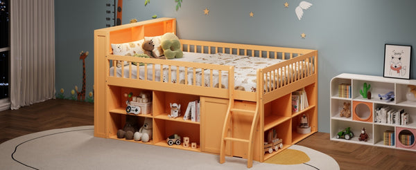 English Elm Queen Loft Bed with Open Shelving Built-in Led Light White Wood Frame N7090005025N