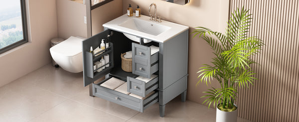 English Elm 30 30 Inch Bathroom Vanity with Ceramic Sink, Modern Compact 3-Drawer Storage Cabinet for Small Baths Grey N710P247499E