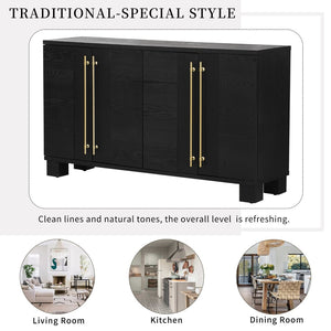 English Elm Trexm Ash Veneer Buffet with Gold Handles Matte Black Lacquer Dining Storage N715P232696B
