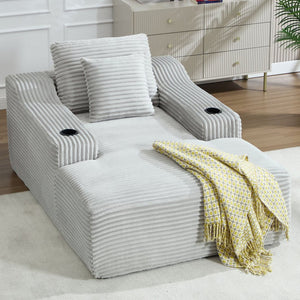 English Elm 67" Corduroy Oversized Chaise Sleeper Sofa Deep Seat Boneless Lounge with Cup Holder Pillows Light Grey W1803P409264
