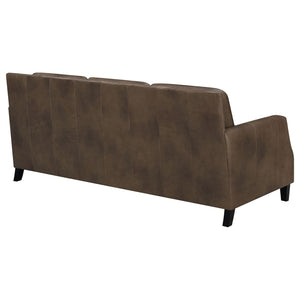 English Elm Gunderson Brown Sugar Top Grain Leather Sofa with Hammered Brass Nailheads, Track Arms, 83" Wide B062P357809