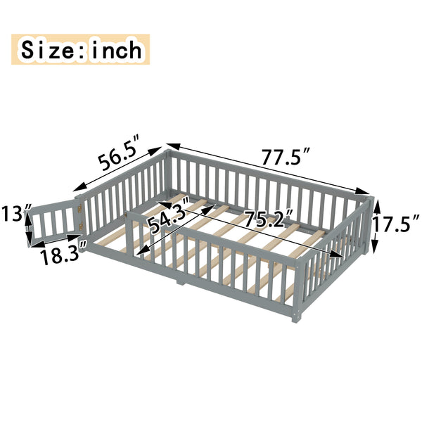 English Elm Full Floor Bed with Safety Guardrails and Play Door for Kids, Low Profile Pine Frame, 550lb Capacity Gray W1580P338951