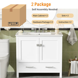 English Elm 72" White Bathroom Vanity Set with Dual Ceramic Sinks, Soft-Close Doors, Divided Drawers & Ample Storage, Solid Wood Frame, Easy Plumbing Access N729P000006K