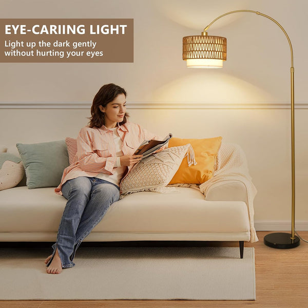 English Elm Arc Rattan Arc Floor Lamp with Remote & Dimmable LED, Height Adjustable, Boho Farmhouse Glow Brown+Gold W2738P227439