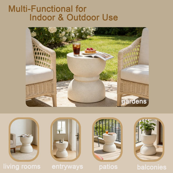 English Elm U_style Hourglass Mgo Concrete Outdoor Accent Table Sculptural Stone Texture Patio Decor Beige N711P422067K