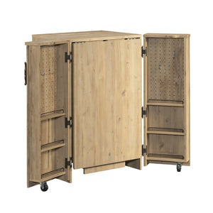 English Elm Craft Station with Drop-Leaf Extension, Brown Khaki Pine Finish — Compact Crafting Workstation w/ Storage B356P402737