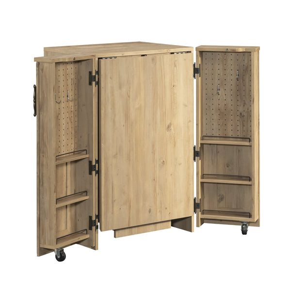 English Elm Craft Station with Drop-Leaf Extension, Brown Khaki Pine Finish — Compact Crafting Workstation w/ Storage B356P402737