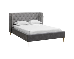 Sunpan LAURA Queen Bed - Modern Diamond-Tufted Design with Mixed Faux Leather & Rustic Iron Base 107753