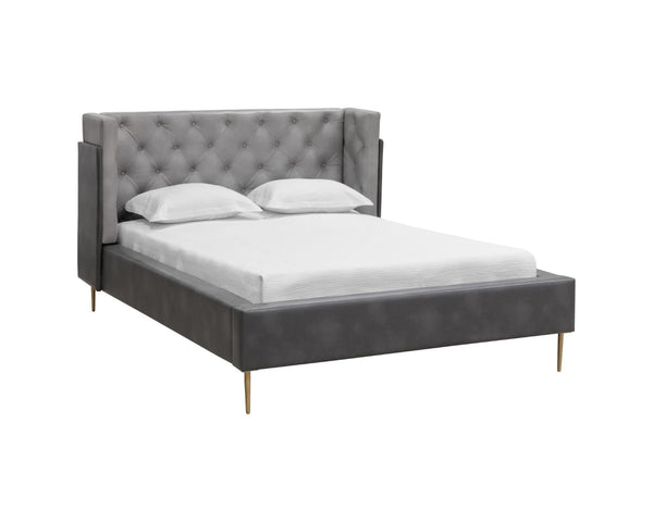 Sunpan LAURA Queen Bed - Modern Diamond-Tufted Design with Mixed Faux Leather & Rustic Iron Base 107753