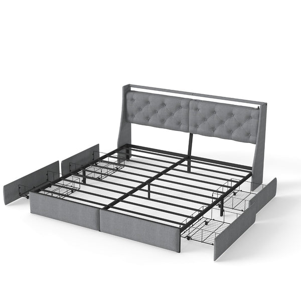 English Elm Queen Storage Platform Bed with Rgb Lighting Linen Headboard and Built-in Charging T3963P437337