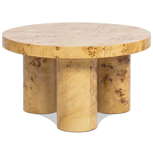 English Elm Nebula 28" Round Pillar Leg Coffee Table, Warm Natural Brown Burl Wood