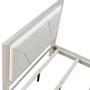 English Elm Antique White Oak Queen Bed Ivory Chenille Headboard Led Glow Geometric Modern B011S01615