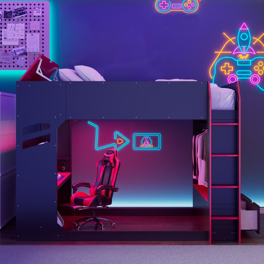 English Elm Full Size Loft Bed with Rgb Lighting Desk Drawers Hanging Rod Teen Bedroom Red LT000288AAJ-1
