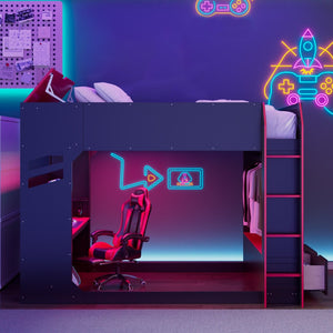 English Elm Full Size Loft Bed with Rgb Lighting Desk Drawers Hanging Rod Teen Bedroom Red LT000288AAJ-1