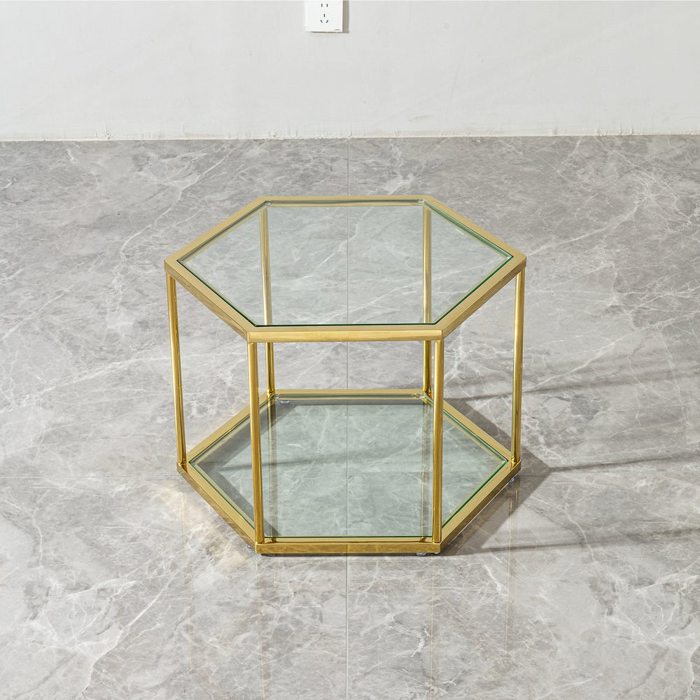 English Elm 1+4 Gold Stainless Steel Coffee Table with Double-Layer Tempered Glass, Polygonal Modern Accent W2723S00042