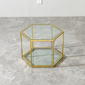 English Elm 1+4 Gold Stainless Steel Coffee Table with Double-Layer Tempered Glass, Polygonal Modern Accent W2723S00042