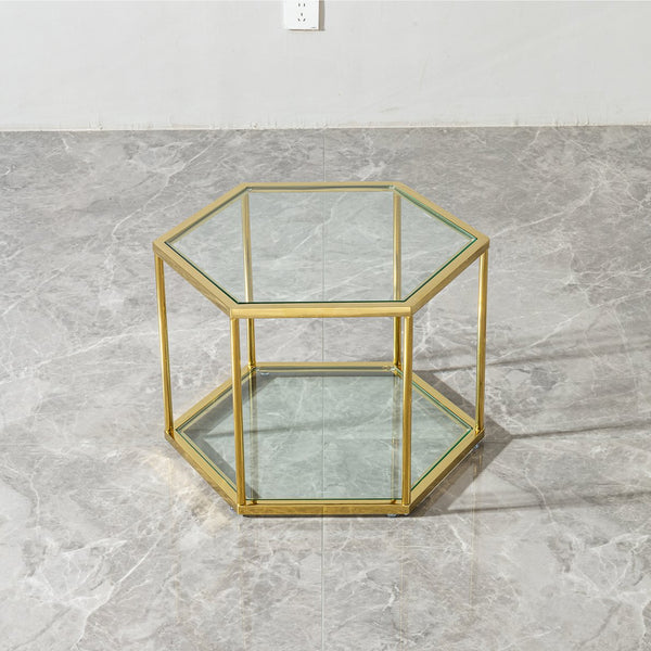 English Elm 1+4 Gold Stainless Steel Coffee Table with Double-Layer Tempered Glass, Polygonal Modern Accent W2723S00042