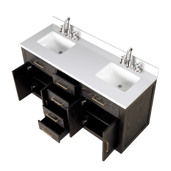 English Elm Brown Oak 60" Double Bath Vanity with White Quartz Top, Soft-Close Drawers & Chrome Faucets Set B2731P257740