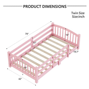 English Elm Twin Montessori Floor Bed Solid Pine Frame with Safety Guardrails for Kids Bedroom Pink N733P400298H