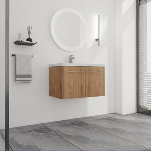 English Elm 30 30 Inch Soft Close Vanity with Resin Sink, Open Shelf Storage & Rust‑Resistant Metal Handles, KD-Pack W999P188194