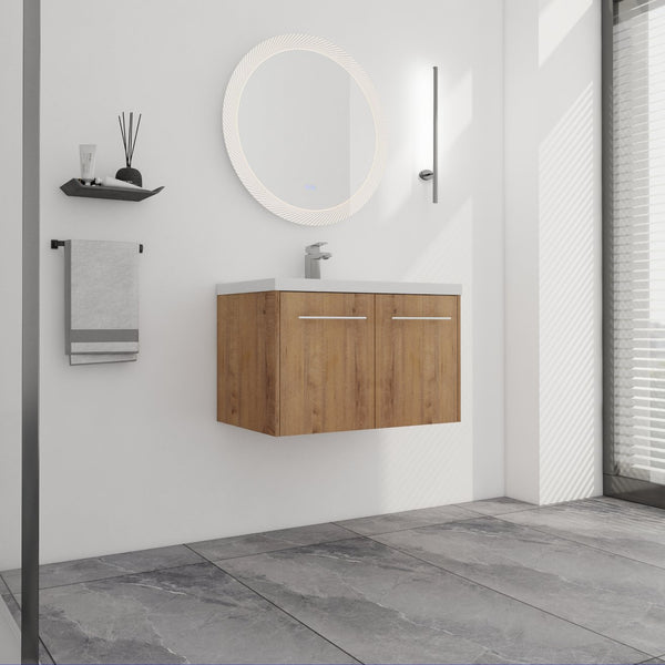 English Elm 30 30 Inch Soft Close Vanity with Resin Sink, Open Shelf Storage & Rust‑Resistant Metal Handles, KD-Pack W999P188194