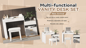 English Elm 3-in-1 Makeup Vanity Desk with Flip Mirror, LED 3-Color Lighting, Expandable Length & Ample Storage Drawers White N844P285298A