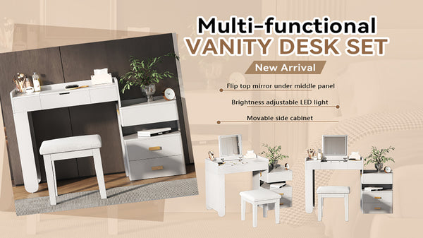 English Elm 3-in-1 Makeup Vanity Desk with Flip Mirror, LED 3-Color Lighting, Expandable Length & Ample Storage Drawers White N844P285298A