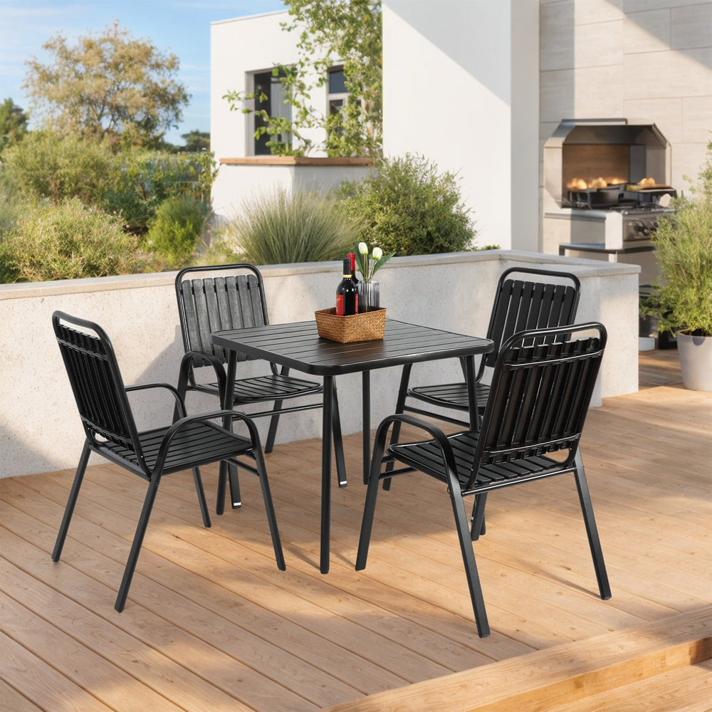 English Elm 5-Piece Wicker Outdoor Dining Set with Square Steel Tabletop, Umbrella Hole, Ergonomic Chairs Black W640S00048