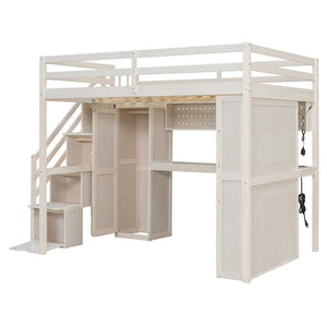 English Elm Full Loft Bed with Integrated Wardrobe Desk Shelving and Led Lighting for Teen Rooms Beige LT000927AAA