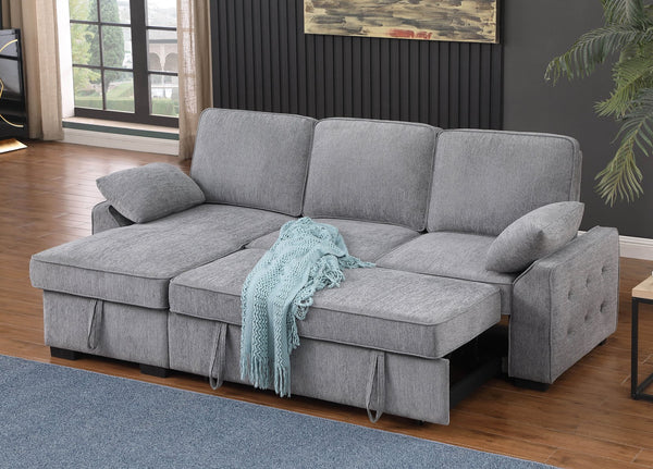 English Elm Mackenzie Chenille Fabric Reversible Sleeper Sectional with Storage Chaise, Drop-Down Console and USB Charging Ports Light Gray B061S00934